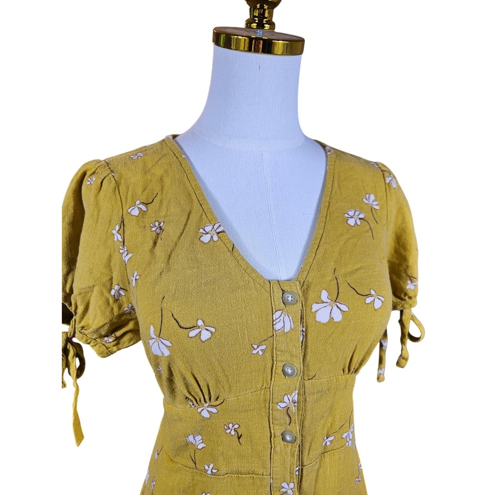 Universal Thread Mustard Yellow Floral Linen Blend Button Front‎ Midi Dress M